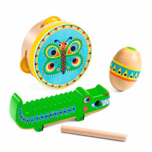 Conjunto de Percussão: Pandeireta, Maracas e Reco - Reco, Animambo da Djeco - O Gato das Fraldas
