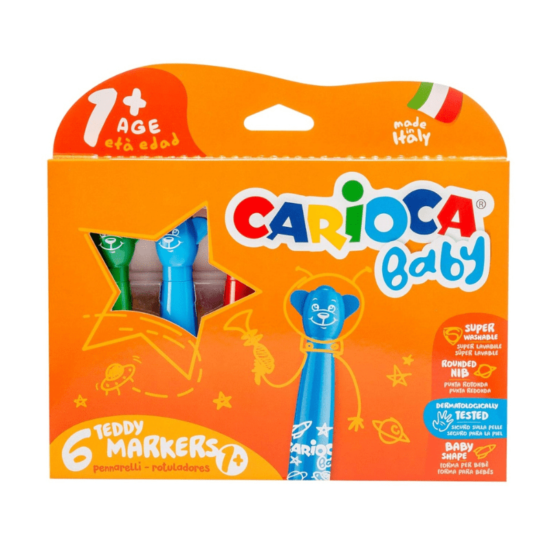 Canetas de Feltro Laváveis CARIOCA Baby Teddy Marker – 6 Cores | A partir dos 12 meses - O Gato das Fraldas