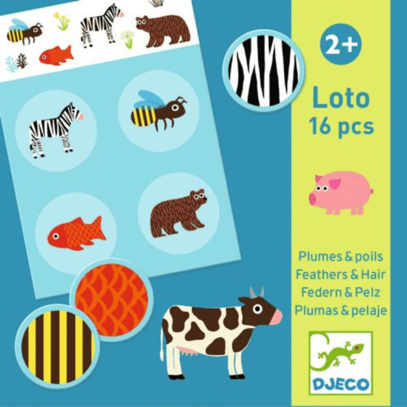 Loto Plumas e Pelo - Jogo de Loto e Memória 16 peças, DJECO - O Gato das Fraldas