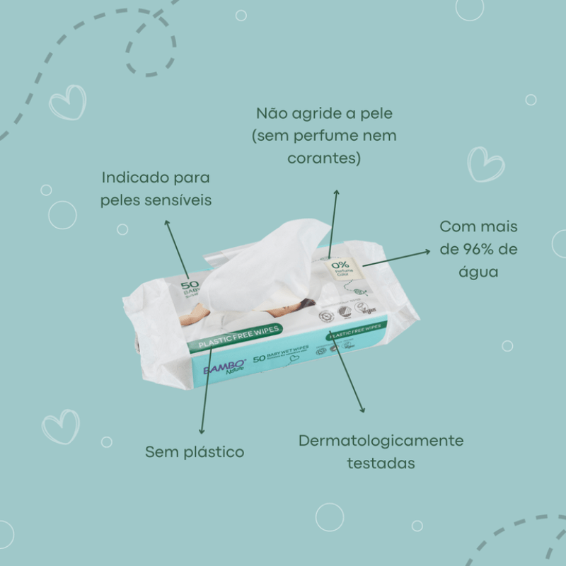 Toalhitas Biodegradáveis para Bebé, 50 und Bambo Nature - O Gato das Fraldas